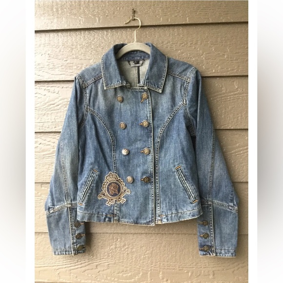 ExpressJeans Denim Jacket Womens Adult Size M Dark Blue Distressed Button Up - Picture 1 of 4